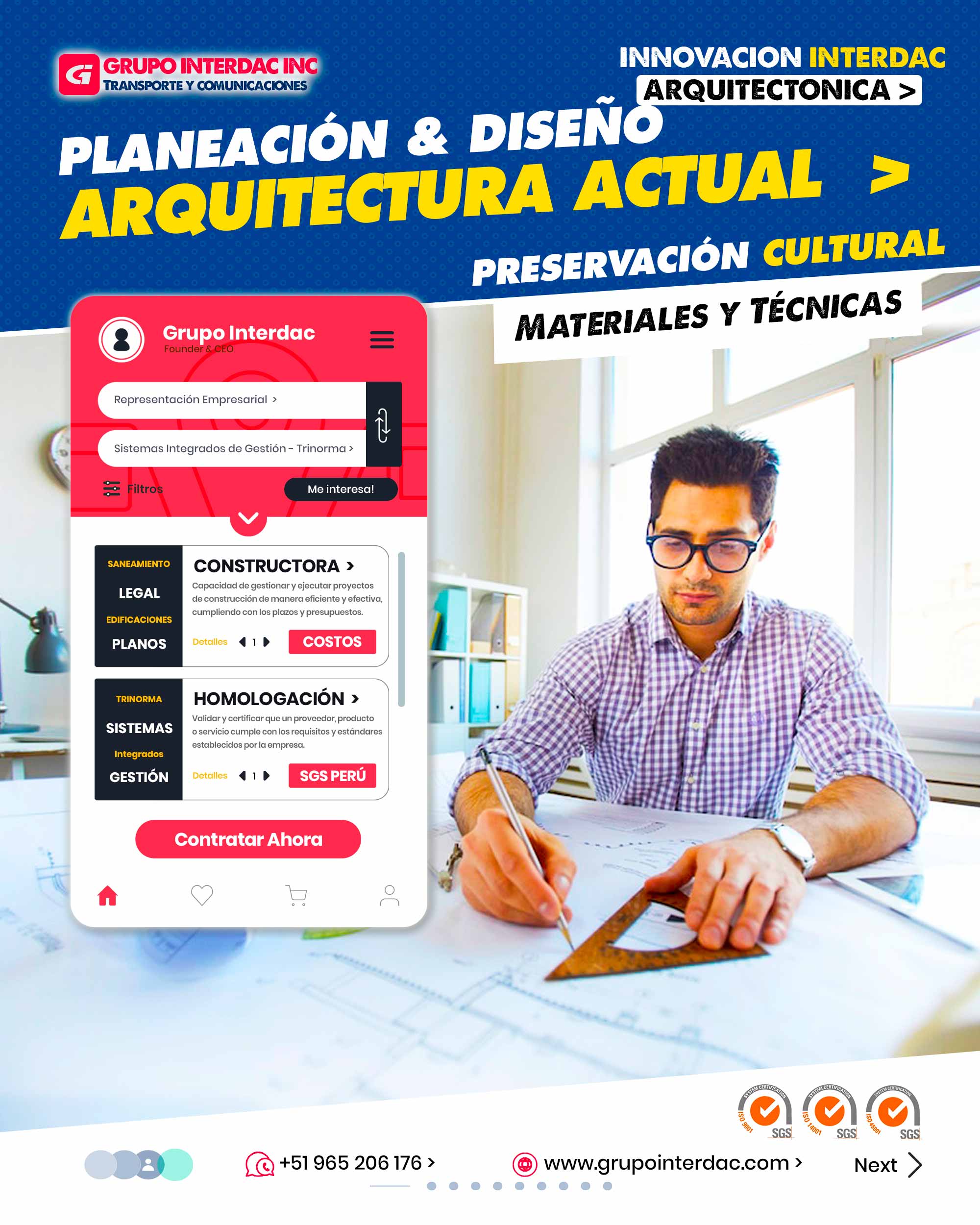 Arquitectura Grupo Interdac, Interdac Arquitectos, diseño de Planos y edificaciones, Construcción, Seguridad. Herencia cultural: La arquitectura peruana fusiona elementos indígenas, coloniales y contemporáneos, generando un estilo único. Influencia histórica: Los restos arqueológicos incas y preincas, así como las edificaciones coloniales, enriquecen la identidad arquitectónica. Uso de materiales locales: La utilización de adobe, piedra y madera en la construcción refleja la conexión con el entorno natural. Arquitectura colonial: Casonas, iglesias y monasterios coloniales exhiben detalles artísticos y arquitectónicos únicos. Innovación sostenible: La arquitectura actual en Perú incorpora soluciones sustentables para adaptarse al entorno y reducir el impacto ambiental. La empresa Grupo Interdac Inc tiene un compromiso ambiental sostenible para la optimización de recursos naturales a través de herramientas computacionales en beneficio del planeta. Nuestra empresa es lider en creación de herramientas digitales para empresas transnacionales dedicadas al sector industria y de recolección y transporte de residuos solidos.