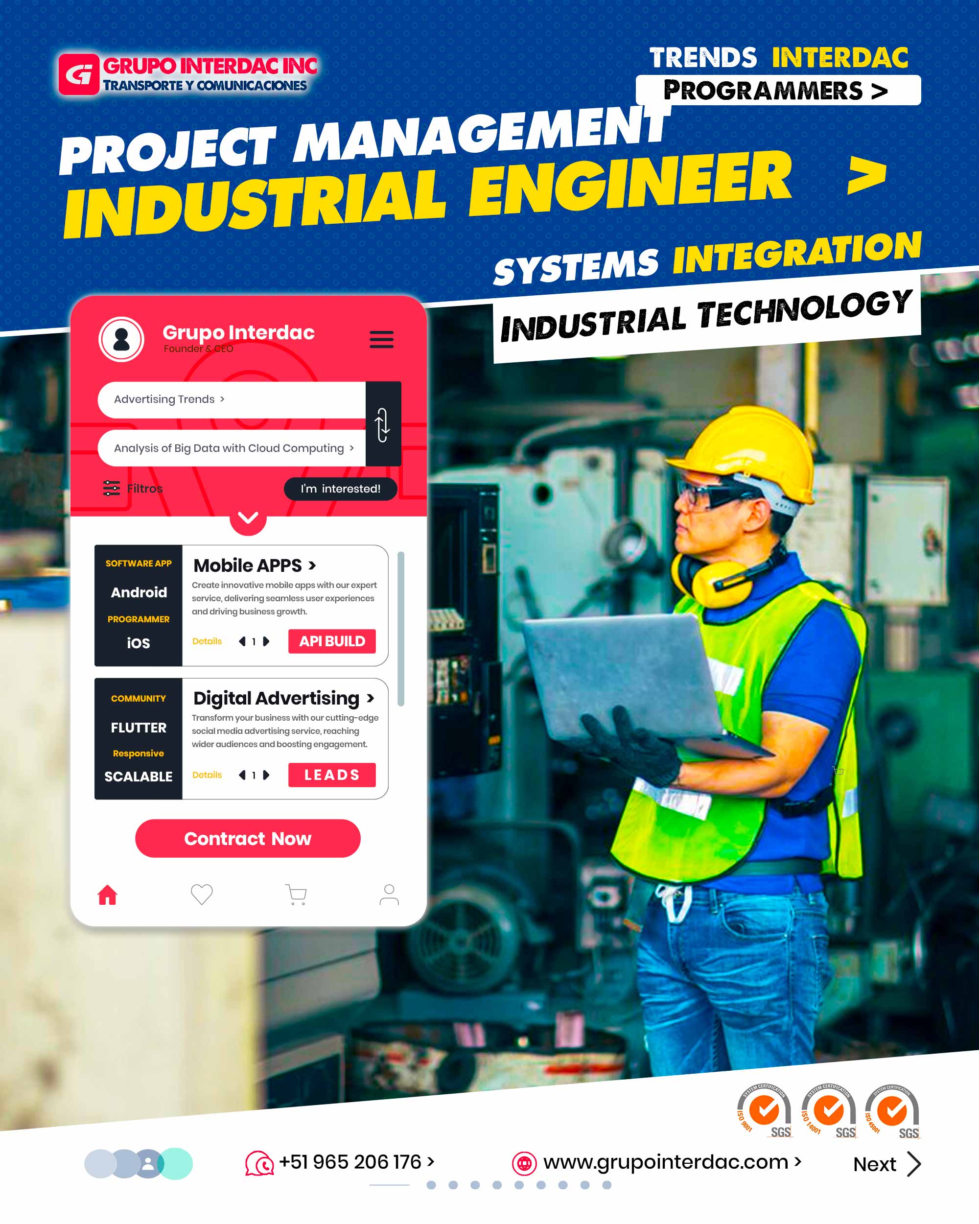 Ingeniería Industrial Grupo Interdac, Ingenieros industriales Interdac, Plantas industriales. Diseño Industrial, Interdac es Industrial. Experiencia previa: Deben contar con una sólida trayectoria en la industria, con al menos 5 años de experiencia relevante. Conocimientos técnicos: Amplio dominio de conceptos, principios y técnicas relacionadas con la ingeniería industrial. Resolución de problemas: Capacidad para identificar y abordar eficientemente los desafíos técnicos y operativos de la empresa. Gestión de proyectos: Experiencia en liderar y gestionar proyectos industriales de principio a fin. Mejora continua: Mentalidad orientada a la mejora constante de procesos y operaciones. Análisis de datos: Habilidad para recopilar y analizar datos para tomar decisiones informadas y estratégicas. Gestión de proyectos internacionales: Experiencia en liderar proyectos en múltiples ubicaciones y culturas. Integración de sistemas: Habilidad para integrar sistemas y tecnologías diversas para una operación sinérgica. Investigación de mercado: Capacidad para analizar tendencias del mercado y adaptar las operaciones en consecuencia. La empresa Grupo Interdac Inc tiene un compromiso ambiental sostenible para la optimización de recursos naturales a través de herramientas computacionales en beneficio del planeta. Nuestra empresa es lider en creación de herramientas digitales para empresas transnacionales dedicadas al sector industria y de recolección y transporte de residuos solidos.