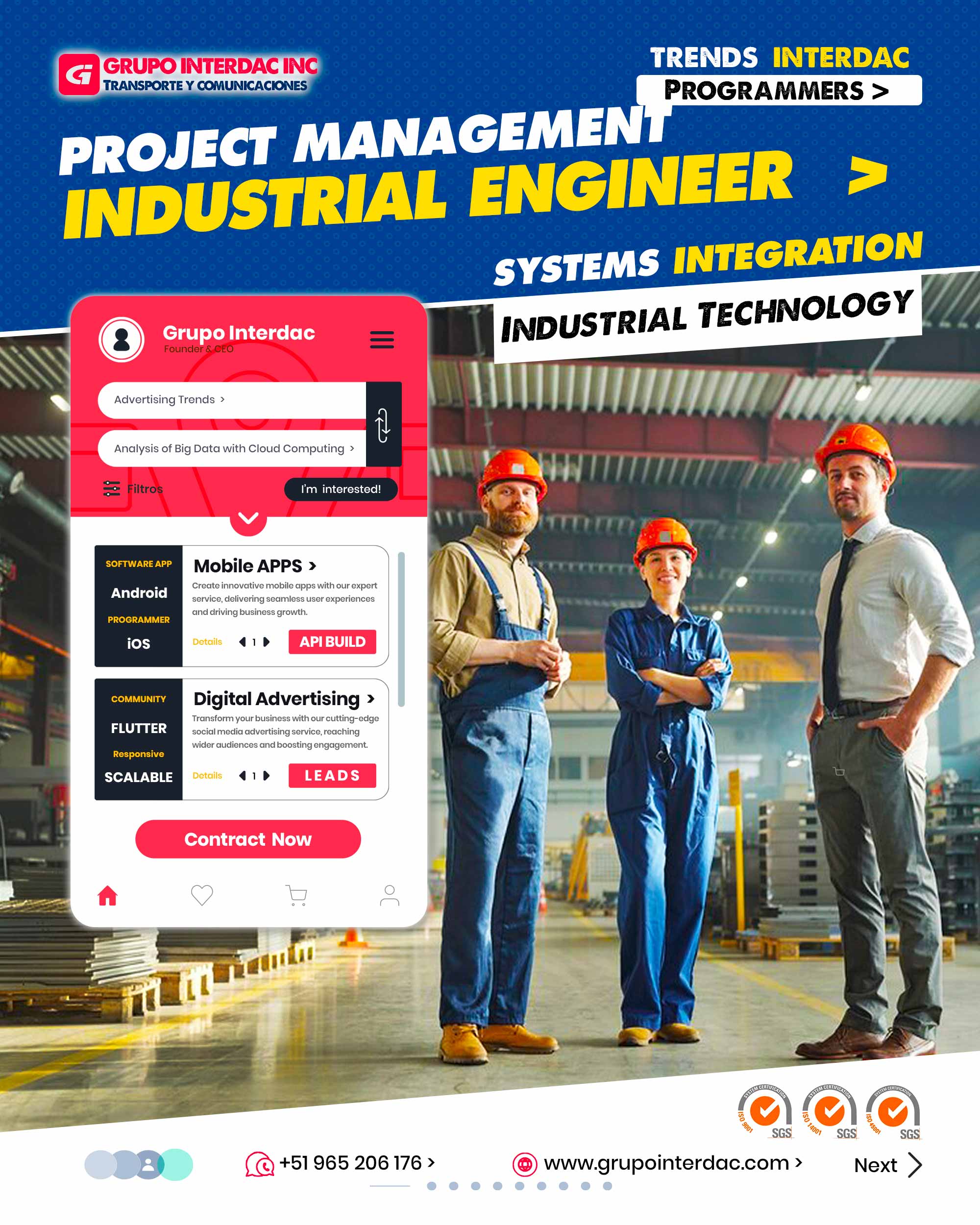 Ingeniería Industrial Grupo Interdac, Ingenieros industriales Interdac, Plantas industriales. Diseño Industrial, Interdac es Industrial. Gestión de calidad: Experiencia en implementar sistemas de gestión de calidad como ISO 9001 para asegurar la excelencia en los procesos. Investigación y desarrollo: Capacidad para liderar proyectos de investigación y desarrollo de nuevas tecnologías y procesos. Optimización de costos: Habilidad para identificar oportunidades de reducción de costos y maximización de recursos. Conciencia ambiental: Compromiso con la sostenibilidad y la implementación de prácticas respetuosas con el medio ambiente. Capacitación y desarrollo de personal: Experiencia en la formación y desarrollo de equipos de trabajo altamente capacitados. Innovación disruptiva: Capacidad para introducir tecnologías y enfoques innovadores que transformen la industria. Gestión de riesgos: Experiencia en identificar y mitigar riesgos operativos y financieros. Gestión de proyectos internacionales: Experiencia en liderar proyectos en múltiples ubicaciones y culturas. Integración de sistemas: Habilidad para integrar sistemas y tecnologías diversas para una operación sinérgica. Investigación de mercado: Capacidad para analizar tendencias del mercado y adaptar las operaciones en consecuencia. La empresa Grupo Interdac Inc tiene un compromiso ambiental sostenible para la optimización de recursos naturales a través de herramientas computacionales en beneficio del planeta. Nuestra empresa es lider en creación de herramientas digitales para empresas transnacionales dedicadas al sector industria y de recolección y transporte de residuos solidos.