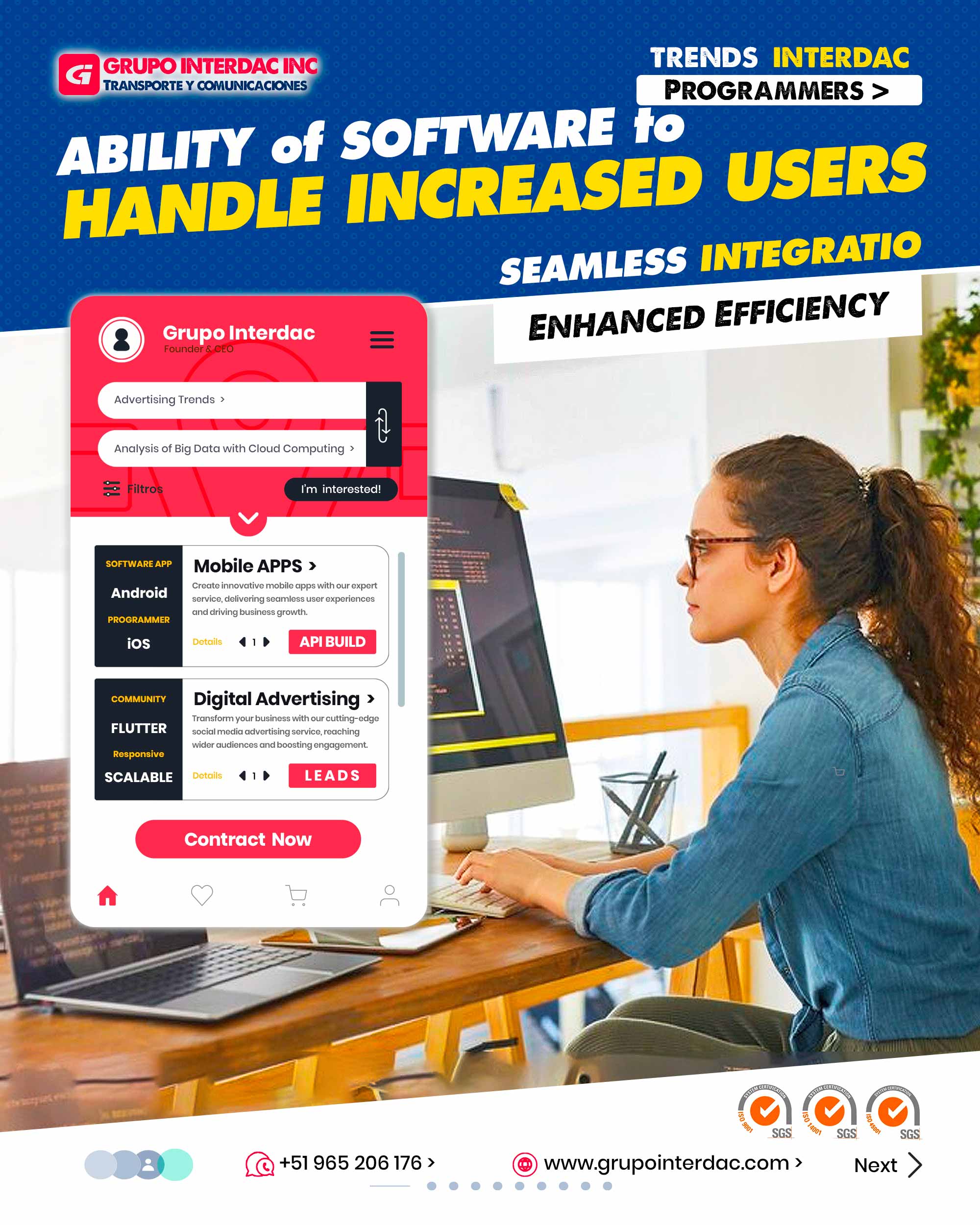 Soporte al cliente: Funcionalidades para gestionar solicitudes de clientes y brindar un servicio de soporte eficiente. Seguimiento de inventario en tiempo real: Control en tiempo real de los niveles de inventario y movimientos de stock. Integración con sistemas ERP: Integración con sistemas de planificación de recursos empresariales para una gestión unificada. Gestión de activos: Seguimiento y mantenimiento de activos físicos y equipos de la empresa. Gestión de cumplimiento: Herramientas para garantizar el cumplimiento de regulaciones y estándares de la industria. Gestión de flotas y logística: Optimización de rutas y seguimiento de vehículos para la logística empresarial. Gestión de la cadena de suministro: Control de la cadena de suministro, desde la adquisición hasta la entrega final. Portal del cliente: Plataforma para que los clientes accedan a información y servicios de manera segura. Gestión de riesgos: Identificación y evaluación de riesgos empresariales y medidas de mitigación. La empresa Grupo Interdac Inc tiene un compromiso ambiental sostenible para la optimización de recursos naturales a través de herramientas computacionales en beneficio del planeta. Nuestra empresa es lider en creación de herramientas digitales para empresas transnacionales dedicadas al sector industria y de recolección y transporte de residuos solidos.