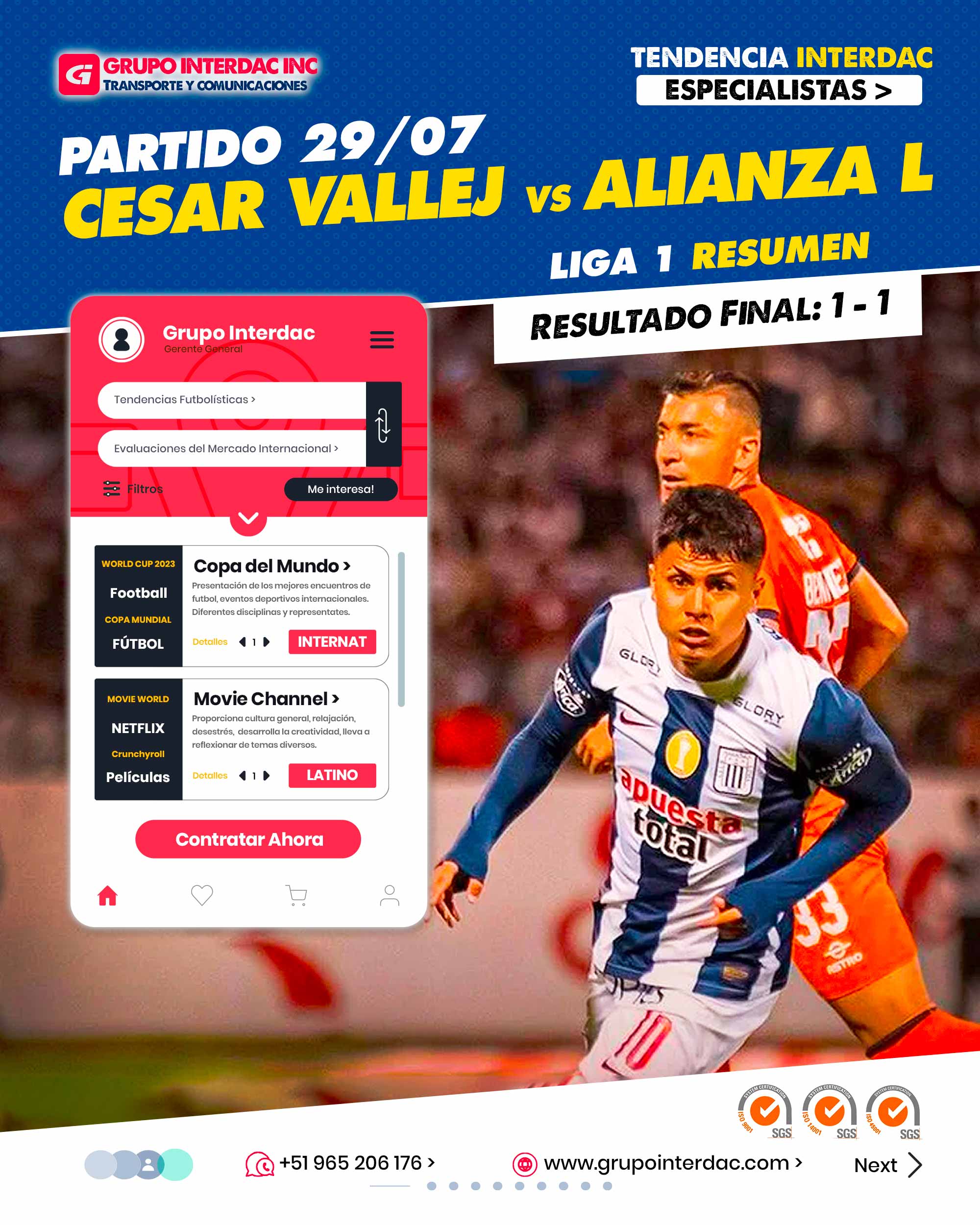 Resultados de Fútbol Interdac, Noticias de futbol Grupo Interdac, Resultados Perú Interdac, deporte Interdac, Futbol es Grupo Interdac Inc. Partido 19 de julio 2023 Alianza Lima vs Cesar Vallejo 1-1. JAlianza Lima vs César Vallejo 1-1: goles y resumen del empate en Trujillo por Torneo Clausura de Liga 1. Alianza Lima rescató un empate 1-1 ante César Vallejo por el Clausura de Liga 1. Alianza Lima está cayendo 1-0 ante César Vallejo en Trujillo, por la fecha 6 del Torneo Clausura de la Liga 1 Betsson 2023. Los íntimos, en su búsqueda por igualar las acciones, salieron agresivos en el segundo tiempo... La empresa Grupo Interdac Inc tiene un compromiso ambiental sostenible para la optimización de recursos naturales a través de herramientas computacionales en beneficio del planeta. Nuestra empresa es lider en creación de herramientas digitales para empresas transnacionales dedicadas al sector industria y de recolección y transporte de residuos solidos.