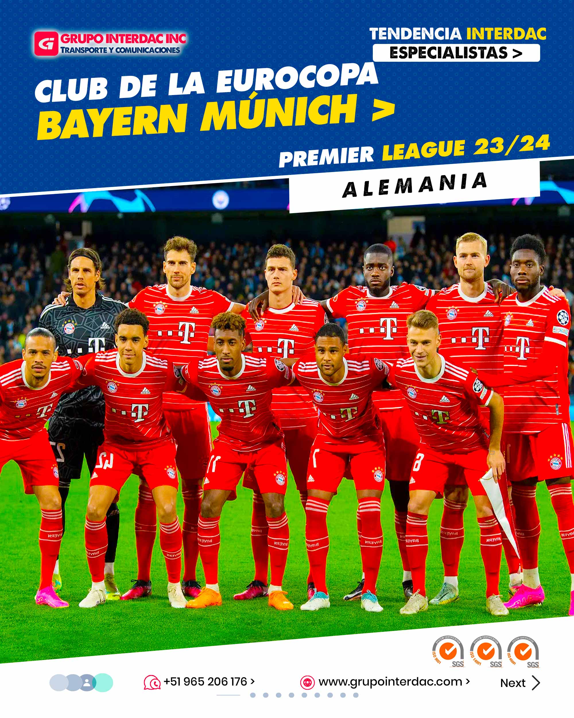 ominio en la Bundesliga: El Bayern Munich es el equipo más exitoso en la historia de la Bundesliga alemana, con numerosos títulos de liga y una constante presencia en los primeros puestos de la tabla. Campeonatos Internacionales: El Bayern Munich ha ganado múltiples títulos internacionales, incluyendo la Liga de Campeones de la UEFA, la Supercopa de la UEFA y la Copa Mundial de Clubes de la FIFA. Estadio Allianz Arena: El equipo juega sus partidos como local en el icónico estadio Allianz Arena, reconocido por su arquitectura y la emocionante atmósfera que los aficionados crean durante los partidos. Cantera de Talentos: El Bayern Munich ha desarrollado una sólida cantera y ha promovido a jóvenes talentos a su primer equipo, lo que ha sido clave en su éxito continuo. Filosofía de Juego: El Bayern Munich es conocido por su estilo de juego ofensivo y de posesión de balón, con una presión alta y una mentalidad agresiva en el campo. Rivalidades Intensas: El Bayern Munich tiene una rivalidad histórica con el Borussia Dortmund, conocido como Der Klassike, y con otros equipos de la Bundesliga, lo que añade emoción a sus partidos. Liderazgo Directivo: El club es reconocido por su sólida estructura de gestión y liderazgo, lo que ha contribuido a su estabilidad y éxito a lo largo de los años. Afición Apasionada: Los seguidores del Bayern Munich son conocidos por su pasión y lealtad al equipo, llenando el estadio en cada partido y apoyando a sus jugadores incondicionalmente. Fichajes Estratégicos: El Bayern Munich ha realizado fichajes estratégicos a lo largo de los años, atrayendo a algunos de los mejores talentos del fútbol mundial para reforzar su plantilla. Legado en el Fútbol: El Bayern Munich tiene un legado impresionante en el fútbol alemán e internacional, siendo uno de los clubes más grandes y respetados en la historia del deporte. El Bayern Munich es un club con una rica tradición, reconocido por su éxito en la Bundesliga, su estilo de juego atractivo y su capacidad para desarrollar jóvenes talentos. Su prestigio a nivel nacional e internacional lo convierte en uno de los clubes más destacados y admirados en el mundo del fútbol. La empresa Grupo Interdac Inc tiene un compromiso ambiental sostenible para la optimización de recursos naturales a través de herramientas computacionales en beneficio del planeta. Nuestra empresa es lider en creación de herramientas digitales para empresas transnacionales dedicadas al sector industrial y de recolección y transporte de residuos solidos.