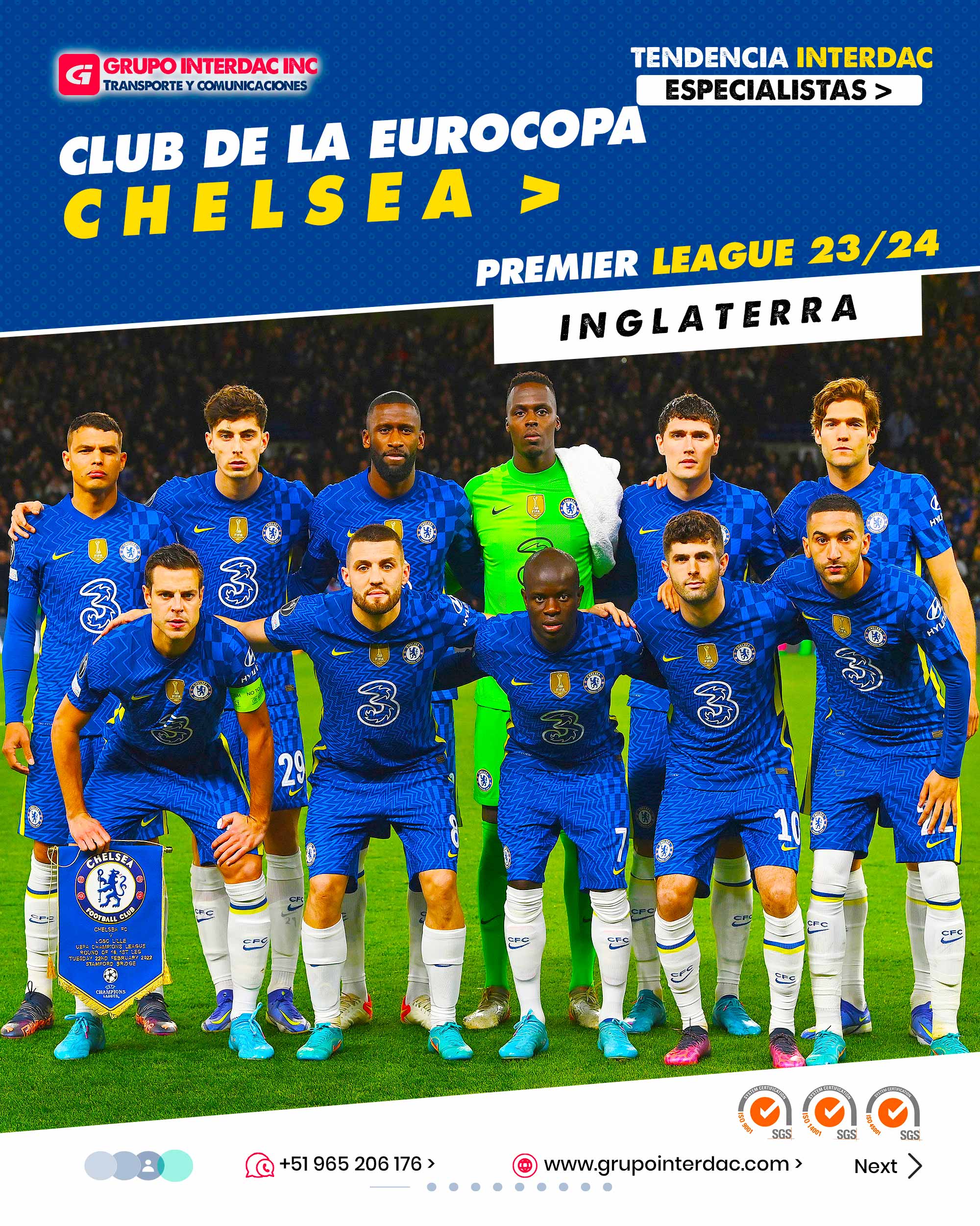 HHistoria de Éxito: El Chelsea FC tiene una historia llena de éxitos, habiendo ganado numerosos títulos de la Premier League, FA Cup, UEFA Champions League y otros torneos importantes a lo largo de los años. Stamford Bridge: El estadio Stamford Bridge es el hogar del Chelsea y es conocido por su atmósfera apasionante durante los partidos. Los aficionados del Chelsea son leales y crean un ambiente emocionante para los jugadores y los espectadores. Dueños Ambiciosos: El club es propiedad del magnate ruso Roman Abramovich, quien ha demostrado un fuerte compromiso con el éxito del Chelsea y ha invertido en fichajes y en mejorar la infraestructura del club. Formación de Jugadores: El Chelsea ha sido reconocido por su exitoso programa de formación de jugadores jóvenes. Han desarrollado talentos locales que han llegado a jugar en el primer equipo y en otros clubes de alto nivel. Estrellas Internacionales: A lo largo de los años, el Chelsea ha tenido una serie de jugadores internacionales de renombre, lo que ha contribuido a su éxito en las competiciones tanto nacionales como europeas. Fútbol Atractivo: El Chelsea es conocido por su estilo de juego atractivo y ofensivo, enfocado en el ataque y en el juego de posesión. Manager de Éxito: A través de los años, el Chelsea ha tenido entrenadores exitosos que han llevado al equipo a la gloria. Nombres como José Mourinho, Carlo Ancelotti y más recientemente Thomas Tuchel han dejado su huella en el club. Rivalidades Intensas: El Chelsea tiene intensas rivalidades con otros equipos de la Premier League, especialmente con el Arsenal, el Tottenham y el Manchester United, lo que hace que sus partidos sean aún más emocionantes. Ambición en Competiciones Europeas: El Chelsea ha tenido éxito en competiciones europeas, ganando la UEFA Champions League en varias ocasiones y compitiendo constantemente en torneos internacionales. Fiel Afición: La afición del Chelsea es apasionada y leal, llenando el estadio Stamford Bridge en cada partido y apoyando incondicionalmente al equipo, tanto en las buenas como en las malas. El Chelsea FC es un club con una rica historia de éxitos, con una afición apasionada y un enfoque en el fútbol atractivo y ofensivo. Su dueño ambicioso, su programa de formación de jugadores y su éxito en competiciones nacionales e internacionales lo convierten en uno de los clubes más destacados de la Premier League y del fútbol europeo. La empresa Grupo Interdac Inc tiene un compromiso ambiental sostenible para la optimización de recursos naturales a través de herramientas computacionales en beneficio del planeta. Nuestra empresa es lider en creación de herramientas digitales para empresas transnacionales dedicadas al sector industrial y de recolección y transporte de residuos solidos.