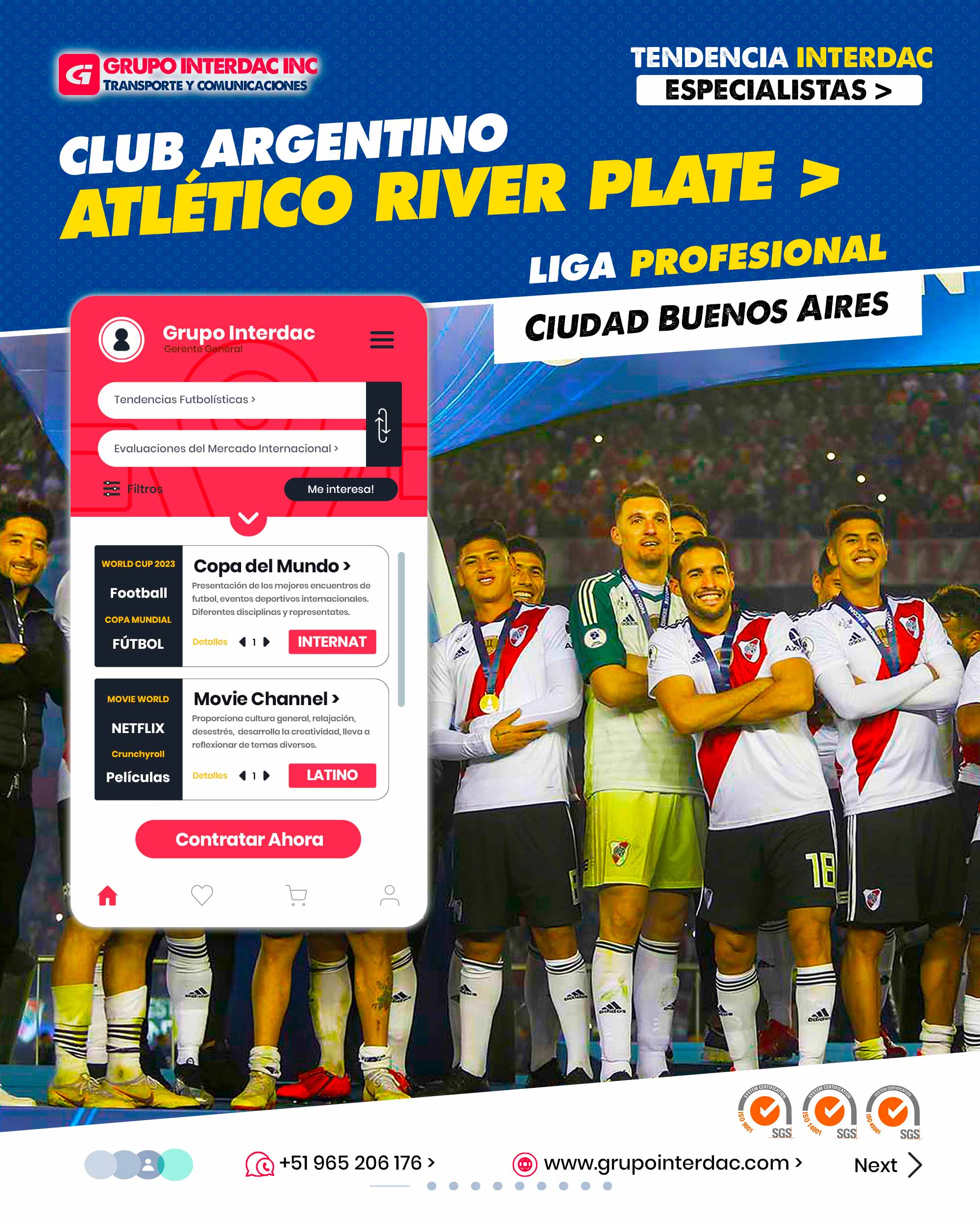 Historia y Prestigio: Fundado en 1901, River Plate es uno de los clubes más antiguos y prestigiosos de Argentina y Sudamérica. Estadio Monumental: River Plate juega sus partidos en el Estadio Monumental, uno de los estadios más grandes e icónicos del mundo, con capacidad para más de 70,000 espectadores. Rivalidad con Boca Juniors: El Superclásico entre Atlético River Plate y Boca Juniors es uno de los derbis más apasionantes y trascendentales del fútbol mundial, generando una de las rivalidades más intensas y emocionantes. Títulos Nacionales e Internacionales: River Plate ha ganado numerosos títulos a nivel nacional, incluyendo la Primera División de Argentina, y ha tenido éxito a nivel internacional, con varias Copas Libertadores y títulos internacionales. La Mística del Millonario: River Plate es conocido como El Millonario debido a su histórica capacidad para realizar grandes fichajes y armar equipos competitivos. Cantera de Talentos: El club ha producido una gran cantidad de talentosos futbolistas en su cantera, algunos de los cuales se han convertido en estrellas a nivel mundial. Fútbol Ofensivo y Atractivo: Atlético River Plate se caracteriza por su estilo de juego ofensivo, atractivo y vistoso, buscando siempre el arco rival y proponiendo un juego agresivo. Hinchada Apasionada: Los seguidores de River Plate, conocidos como Los Borrachos del Tablón, son famosos por su pasión y apoyo incondicional al equipo en cada partido. Reconocimiento Internacional: River Plate es ampliamente reconocido a nivel internacional y tiene una gran cantidad de seguidores en todo el mundo. Responsabilidad Social: El club realiza acciones y proyectos sociales para beneficiar a la comunidad, utilizando su influencia para hacer un impacto positivo fuera del campo. La empresa Grupo Interdac Inc tiene un compromiso ambiental sostenible para la optimización de recursos naturales a través de herramientas computacionales en beneficio del planeta. Nuestra empresa es lider en creación de herramientas digitales para empresas transnacionales dedicadas al sector industrial y de recolección y transporte de residuos solidos.