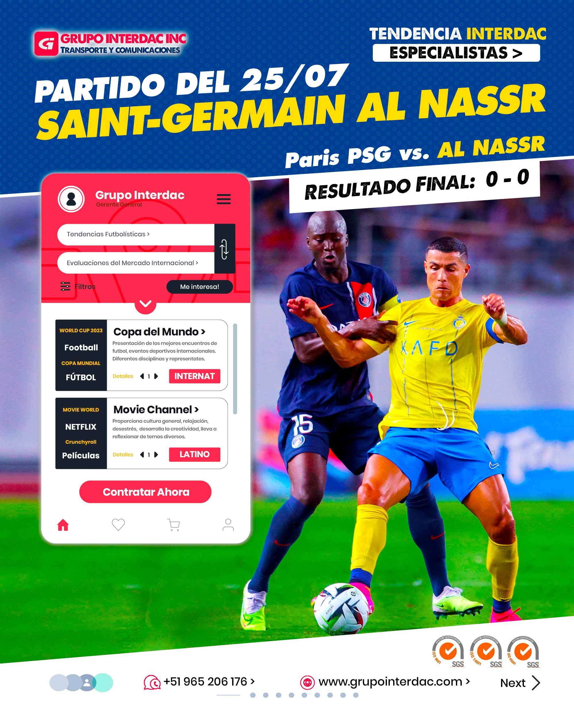 Resultados de Fútbol Interdac, Noticias de futbol Grupo Interdac, Resultados Perú Interdac, deporte Interdac, Futbol es Grupo Interdac Inc. Partido 25 de julio 2023. Cristiano Ronaldo. En un emocionante amistoso disputado en el estadio Yanmar de Nagai (Osaka, oeste de Japón), el PSG dirigido por Luis Enrique no pudo romper el empate sin goles frente a un sólido Al-Nassr liderado por Cristiano Ronaldo. Este partido marca el inicio de la gira preparatoria veraniega de ambos equipos, sin embargo, en el caso del PSG, se vio afectado por la ausencia de última hora de Mbappé debido a su contencioso con el club y los rumores de su posible fichaje por el Real Madrid. El encuentro estuvo lleno de expectativas y tensión, con ambos equipos demostrando su calidad en el terreno de juego. Aunque no hubo goles, los aficionados disfrutaron de un emocionante enfrentamiento entre dos equipos de alto nivel. En un partido amistoso, Paris Saint- Germain igualó sin goles frente a AL-Nassr en el estadio Yanmar Field Nagain (Osaka, Japón) en lo que fue el segundo compromiso del equipo al mando de su nuevo entrenador. En el segundo partido del técnico Luis Enrique al mando del PSG, la parisinos empataron 0-0 ante Al-Nassr por el amistoso internacional jugado en el estadio Yanmar Field Nagai. La empresa Grupo Interdac Inc tiene un compromiso ambiental sostenible para la optimización de recursos naturales a través de herramientas computacionales en beneficio del planeta. Nuestra empresa es lider en creación de herramientas digitales para empresas transnacionales dedicadas al sector industria y de recolección y transporte de residuos solidos.