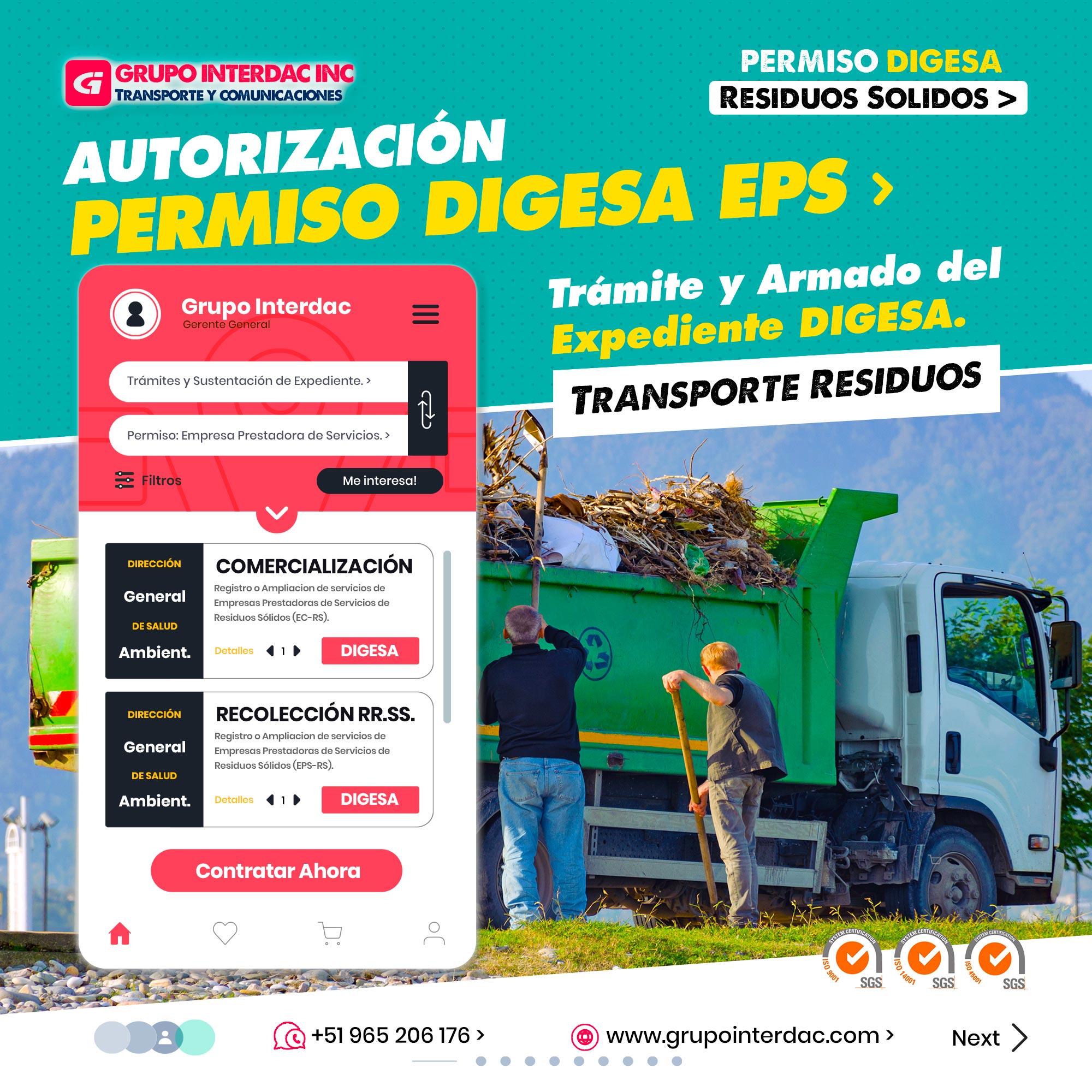 Grupo Interdac Inc tiene un compromiso ambiental sostenible para la optimización de recursos naturales a través de herramientas computacionales en beneficio del planeta. Nuestra empresa es lider en creación de herramientas digitales para empresas transnacionales dedicadas al sector de recolección y transporte de residuos solidos. Identificación de la autoridad competente: Lo primero que debes hacer es identificar la autoridad competente encargada de otorgar las autorizaciones ambientales correspondientes. En Perú, esta autoridad puede ser el Ministerio del Ambiente (MINAM) o las autoridades ambientales regionales. Autorización ambiental: Dependiendo de la naturaleza de tu empresa y las actividades que realice, es posible que necesites obtener una autorización ambiental emitida por la autoridad competente, como el Ministerio del Ambiente (MINAM) o las autoridades ambientales regionales. Esta autorización garantiza que tu empresa cumple con los requisitos ambientales establecidos y tiene planes adecuados para la gestión de residuos sólidos. Cumplimiento normativo: La empresa se compromete a cumplir con la normativa ambiental y de seguridad relacionada con el transporte y manejo de residuos sólidos.