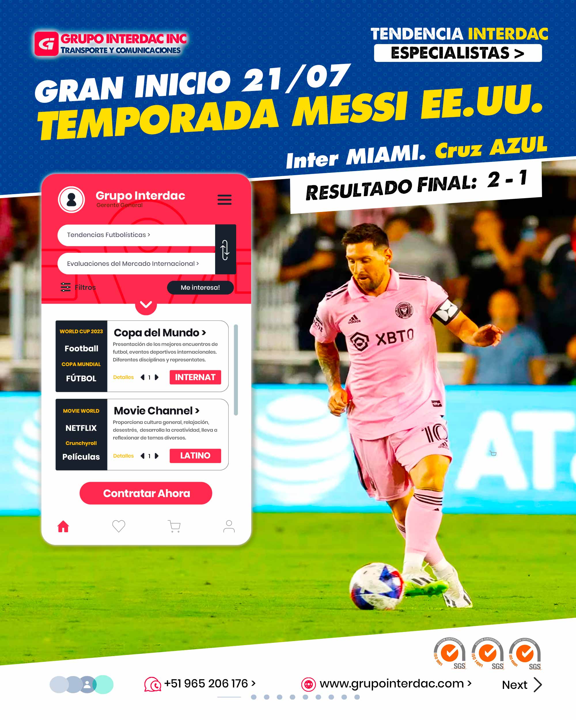 Resultados de Fútbol Interdac, Noticias de futbol Grupo Interdac, Resultados Perú Interdac, deporte Interdac, Futbol es Grupo Interdac Inc. Partido 21 de julio 2023 Leo messi. Partido Inter Miammi vs Cruz Azul. El partido del estreno del exjugador del FC Barcelona será contra Cruz Azul el viernes 21 de julio a las 02:00 hora española en el DRV PNK Stadium de Florida, Estados Unidos. El partido de la primera jornada de la Leagues Cup entre Inter de Miami y Cruz Azul se disputará a las 02:00 hora española del 21 de julio, en el estadio DRV PNK Stadium. Lugar en el que el argentino hará su debut con el equipo americano. El partido se podrá ver a través de Apple TV y MLS League Pass. El debut de Lionel Messi en el Inter Miami frente al Cruz Azul por la Leagues Cup 2023 registró el mayor rating de un partido de fútbol en la historia de la televisión de Estados Unidos. El debut de Lionel Messi en el Inter Miami de la Major League Soccer no podría haber sido mejor. Ingresó a los 10 minutos del segundo tiempo y, además de mostrar un gran nivel, sobre el final clavó un golazo de tiro libre para darle el triunfo a su equipo frente al Cruz Azul en lo que fue la primera fecha de la fase de grupos de la Leagues Cup. La empresa Grupo Interdac Inc tiene un compromiso ambiental sostenible para la optimización de recursos naturales a través de herramientas computacionales en beneficio del planeta. Nuestra empresa es lider en creación de herramientas digitales para empresas transnacionales dedicadas al sector industria y de recolección y transporte de residuos solidos.