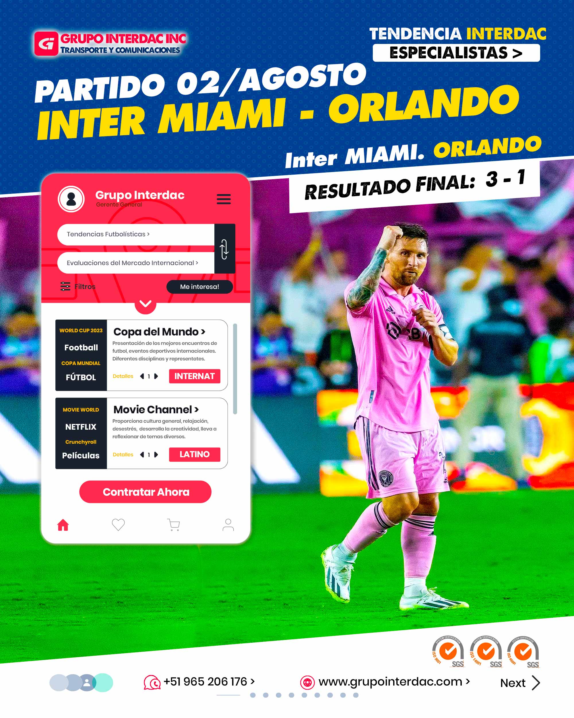 Resultados de Fútbol Interdac, Noticias de futbol Grupo Interdac, Resultados Perú Interdac, deporte Interdac, Futbol es Grupo Interdac Inc. Partido 21 de julio 2023. Partido de Leo Messi. Partido Inter Miami vs Cruz Azul. El partido del estreno del exjugador del FC Barcelona será contra Cruz Azul el viernes 21 de julio a las 02:00 hora española en el DRV PNK Stadium de Florida, Estados Unidos. El partido de la primera jornada de la Leagues Cup entre Inter de Miami y Cruz Azul se disputará a las 02:00 hora española del 21 de julio, en el estadio DRV PNK Stadium. Lugar en el que el argentino hará su debut con el equipo americano. El partido se podrá ver a través de Apple TV y MLS League Pass. El debut de Lionel Messi en el Inter Miami frente al Cruz Azul por la Leagues Cup 2023 registró el mayor rating de un partido de fútbol en la historia de la televisión de Estados Unidos. El debut de Lionel Messi en el Inter Miami de la Major League Soccer no podría haber sido mejor. Ingresó a los 10 minutos del segundo tiempo y, además de mostrar un gran nivel, sobre el final clavó un golazo de tiro libre para darle el triunfo a su equipo frente al Cruz Azul en lo que fue la primera fecha de la fase de grupos de la Leagues Cup. La empresa Grupo Interdac Inc tiene un compromiso ambiental sostenible para la optimización de recursos naturales a través de herramientas computacionales en beneficio del planeta. Nuestra empresa es lider en creación de herramientas digitales para empresas transnacionales dedicadas al sector industrial y de recolección y transporte de residuos solidos.