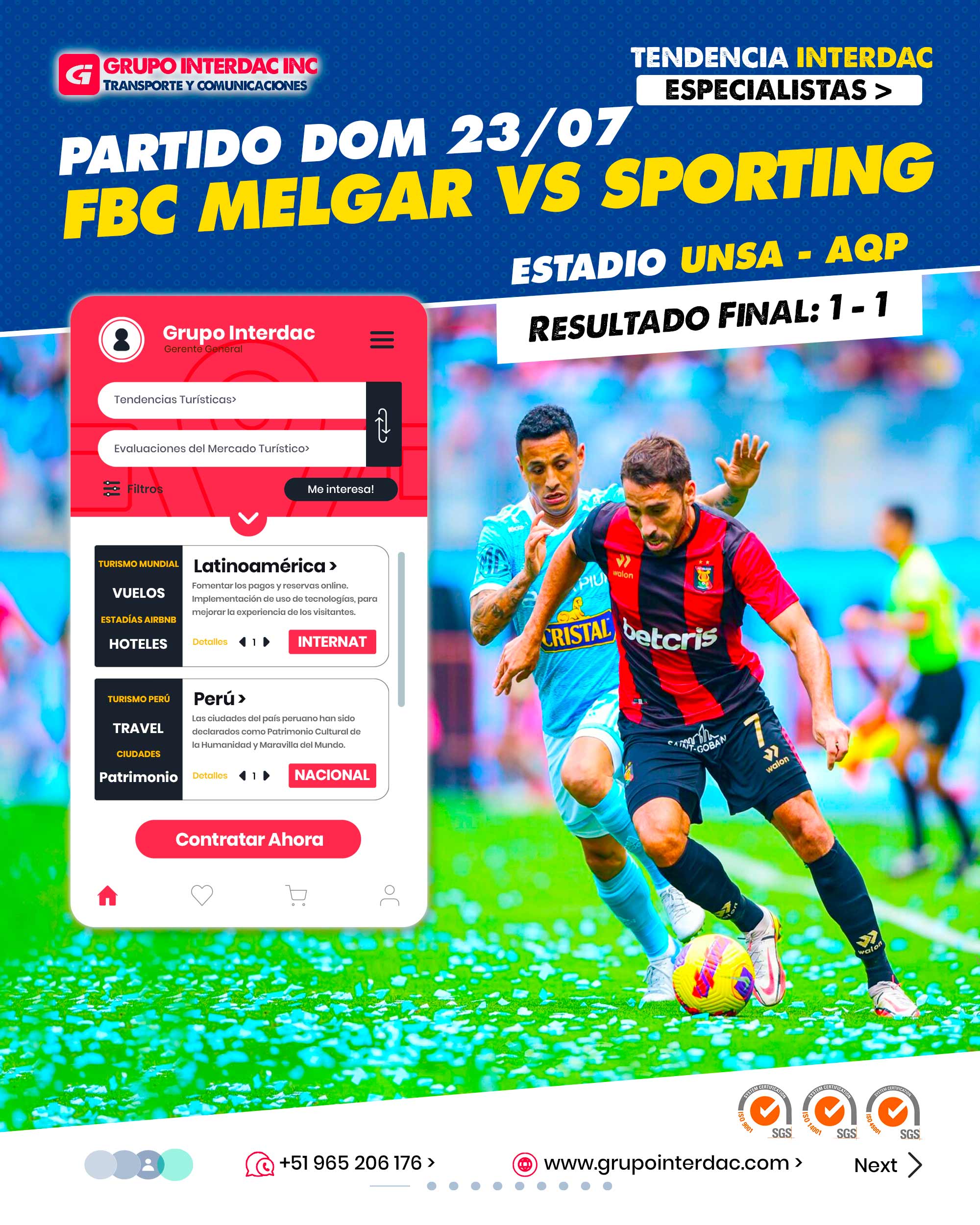 Resultados de Fútbol Interdac, Noticias de futbol Grupo Interdac, Resultados Perú Interdac, deporte Interdac, Futbol es Grupo Interdac Inc. Partido 23 de julio 2023. Partido entre club deportivo Sporting Cristal y club FBC Melgar igualaron 1-1 por la quinta fecha del Torneo Clausura en la Liga 1 Betsson 2023. El estadio de la UNSA de Arequipa fue el escenario de este compromiso que se luchó hasta el último minuto. Melgar vs. Sporting Cristal EN VIVO. Empate con sabor a poco: Sporting Cristal y Melgar igualaron 1-1 en Arequipa En partido con un trámite intenso, Sporting Cristal rescató un punto en su visita a Melgar gracias al tanto de Joao Grimaldo. Cuesta había marcado el 1-0 parcial en Arequipa. La empresa Grupo Interdac Inc tiene un compromiso ambiental sostenible para la optimización de recursos naturales a través de herramientas computacionales en beneficio del planeta. Nuestra empresa es lider en creación de herramientas digitales para empresas transnacionales dedicadas al sector industria y de recolección y transporte de residuos solidos.