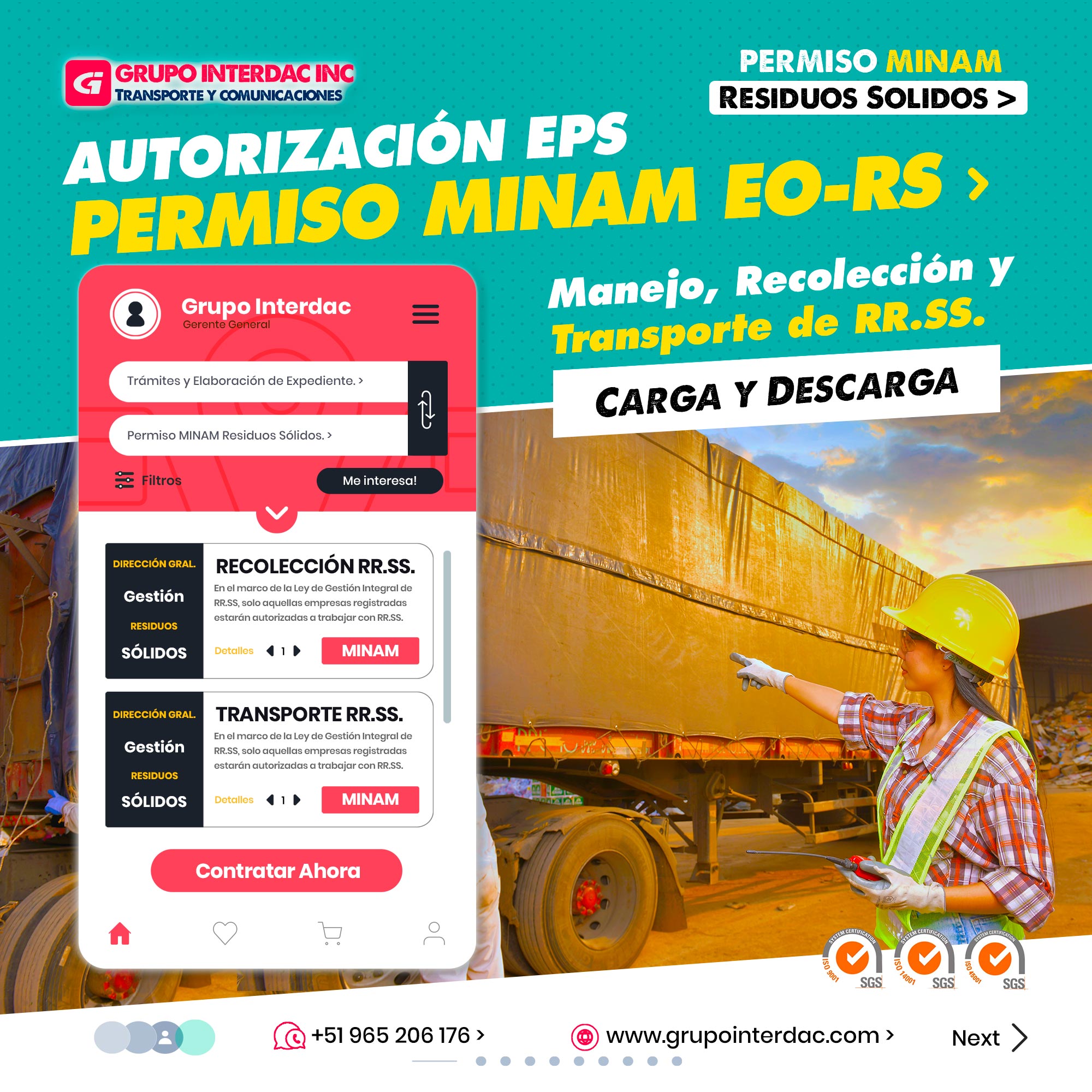 Grupo Interdac Inc tiene un compromiso ambiental sostenible para la optimización de recursos naturales a través de herramientas computacionales en beneficio del planeta. Nuestra empresa es lider en creación de herramientas digitales para empresas transnacionales dedicadas al sector de recolección y transporte de residuos solidos. Consultoría Ambiental: Ofrecemos servicios de consultoría en gestión ambiental, evaluación de impacto ambiental, auditorías y cumplimiento de normas, brindando soluciones adaptadas a las necesidades de cada cliente. Logística y planificación de rutas: Se lleva a cabo una planificación eficiente de las rutas de recolección para optimizar los desplazamientos y minimizar el consumo de combustible y las emisiones de gases contaminantes. La autorización EPS-DIGESA es otorgada por la entidad encargada del saneamiento y gestión de residuos en el ámbito local o regional, y verifica que la empresa o entidad que realiza el transporte de residuos cumpla con los requisitos técnicos y sanitarios establecidos. Por otro lado, el permiso MINAM es emitido por el Ministerio del Ambiente, y asegura que el transporte de residuos sólidos se realice de acuerdo con las políticas y regulaciones ambientales nacionales. Este permiso garantiza que los residuos sean transportados de manera responsable y segura, minimizando el impacto negativo en el medio ambiente. El cumplimiento de estas autorizaciones y permisos es fundamental para que las actividades de transporte de residuos sólidos se lleven a cabo de manera legal y sostenible, contribuyendo así a la preservación del medio ambiente y la protección de la salud pública