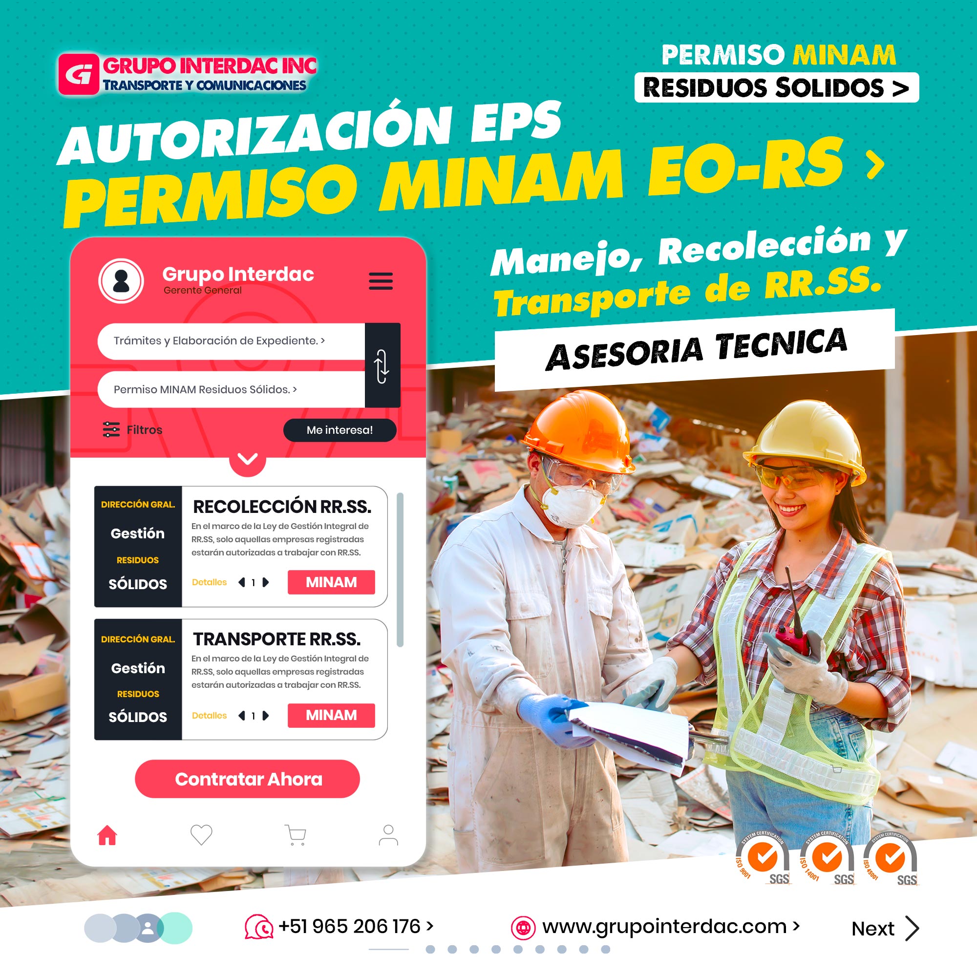 Grupo Interdac Inc tiene un compromiso ambiental sostenible para la optimización de recursos naturales a través de herramientas computacionales en beneficio del planeta. Nuestra empresa es lider en creación de herramientas digitales para empresas transnacionales dedicadas al sector de recolección y transporte de residuos solidos. Trinorma: Apoyamos a las empresas en la homologación de sus sistemas de gestión integrados en calidad, seguridad y salud ocupacional, y medio ambiente, garantizando el cumplimiento de estándares reconocidos. Uso de vehículos sostenibles: La empresa se compromete a utilizar vehículos de transporte sostenibles, como aquellos que funcionan con combustibles limpios o que están equipados con tecnologías de reducción de emisiones. La característica principal de la autorización EPS-DIGESA (Entidad Prestadora de Servicios de Saneamiento - Dirección General de Salud Ambiental) y el permiso MINAM (Ministerio del Ambiente) en el transporte de residuos sólidos es: Cumplimiento Normativo: Obtener la autorización EPS-DIGESA y el permiso MINAM es esencial para cumplir con la normativa ambiental y sanitaria establecida por las entidades competentes en el país. Estos permisos garantizan que el transporte de residuos sólidos se realice de manera segura, controlada y respetando los estándares de protección ambiental y salud pública. La autorización EPS-DIGESA es otorgada por la entidad encargada del saneamiento y gestión de residuos en el ámbito local o regional, y verifica que la empresa o entidad que realiza el transporte de residuos cumpla con los requisitos técnicos y sanitarios establecidos.